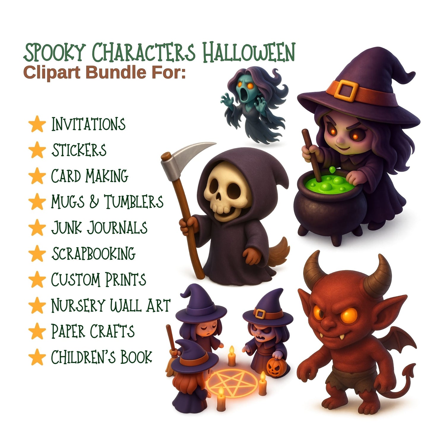 Halloween Clipart Characters – Spooky Cute Witches, Ghosts & Monsters PNG | 3D Halloween Art (54 Files)