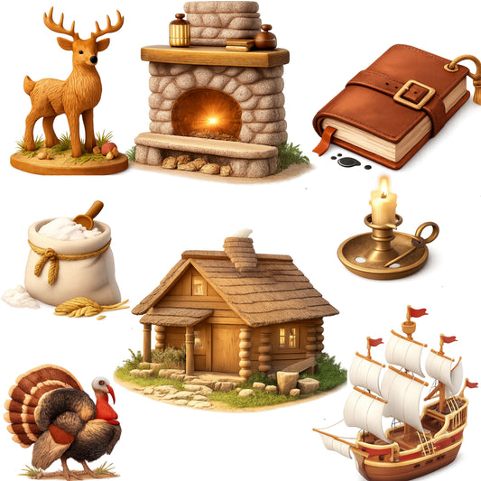 Plymouth Pilgrims 3D Clipart PNG Bundle – 50 Thanksgiving & Early American History Graphics for Classroom