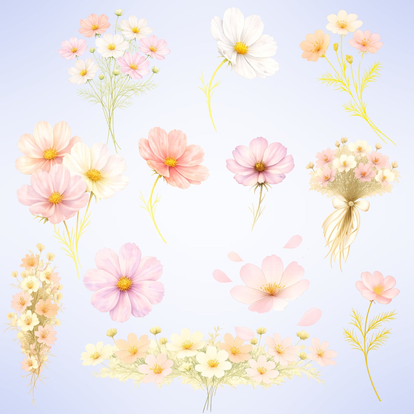 Cosmos Watercolor Clipart – Pastel Flower PNG Bundle (55 Files) – Wedding Florals, Journal & Stationery Graphics