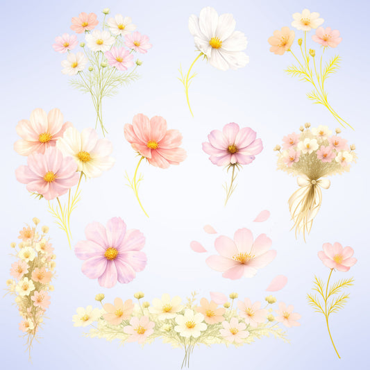 Cosmos Watercolor Clipart – Pastel Flower PNG Bundle (55 Files) – Wedding Florals, Journal & Stationery Graphics