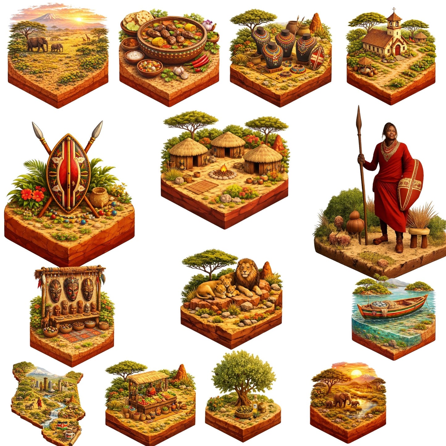Kenya 3D PNG Clipart Bundle – African Culture, Wildlife & Village Art (50 Files)
