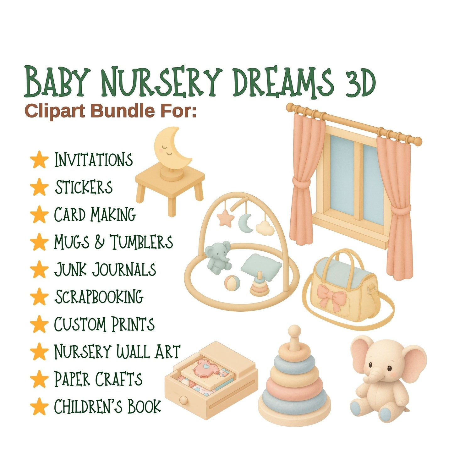 Pastel Nursery Clipart – 3D Baby Room PNG Bundle, Cute Nursery Decor & Baby Shower Graphics (52 Files)