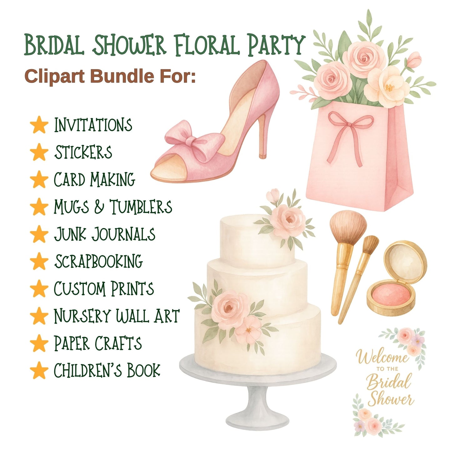 Bridal Shower Clipart Watercolor – Floral Champagne & Wedding Dress PNG | Romantic Wedding Party Art (55 Files)