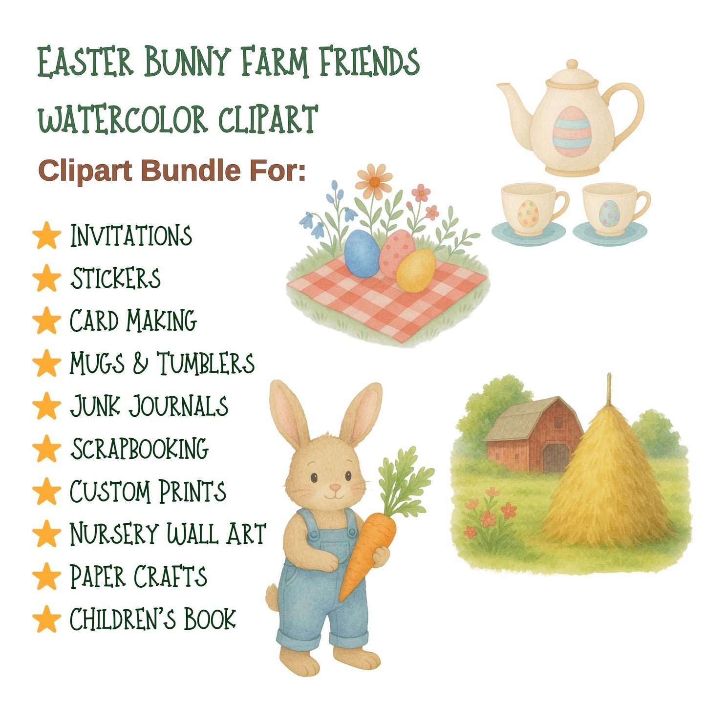 Easter Bunny Watercolor Clipart – Farm Animals & Baby Animals PNG, Spring Easter Art for Invitations, Nursery & Crafts (50 PNG)