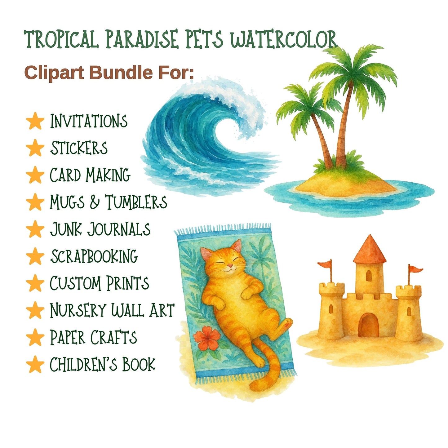 Tropical Pets Watercolor Clipart PNG – Cute Summer Dogs Cats Beach Animals (50 PNG)