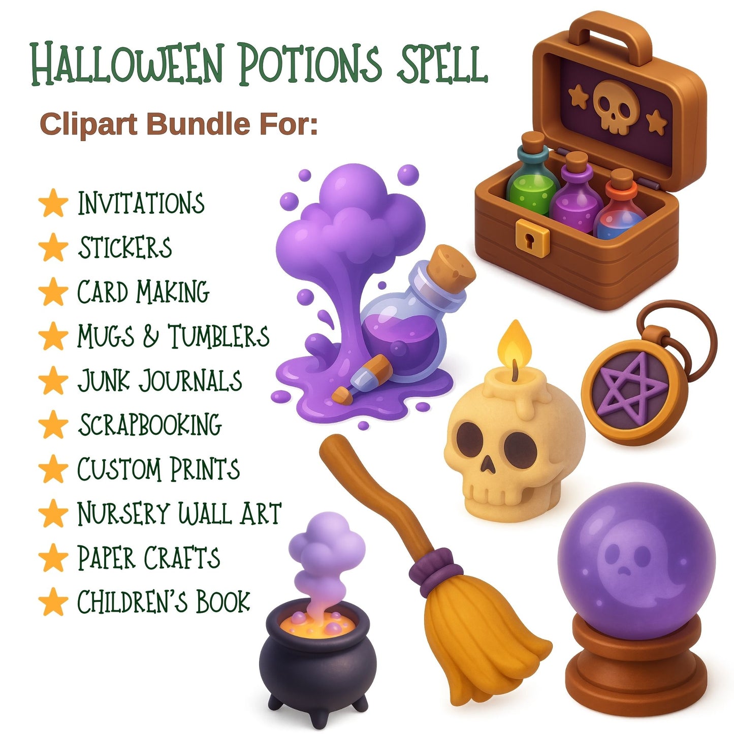 Halloween Potion Clipart 3D – Witchcraft PNG Bundle | Spooky Potions, Cauldrons & Spell Items (55 Files)