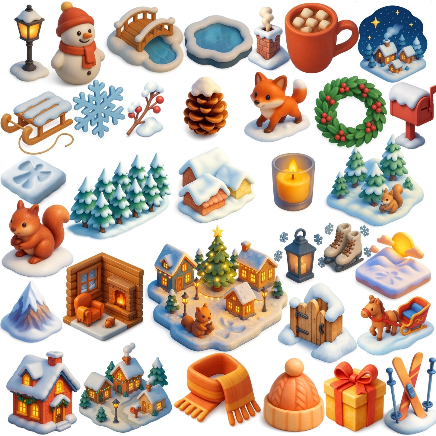 Winter Wonderland Clipart – Cozy Snow Village PNG Bundle (54 Files) | Christmas Winter Town Art