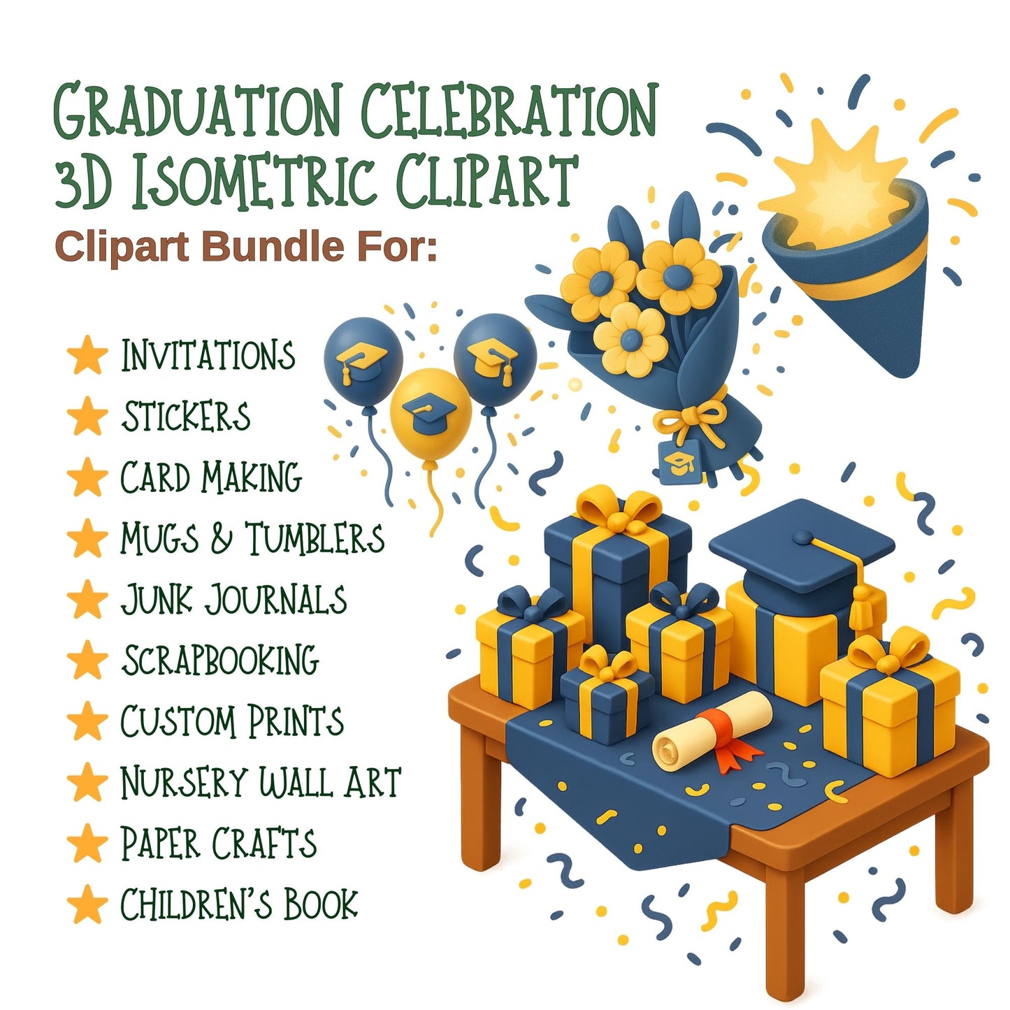 Graduation 3D Clipart Bundle – Class of 2025 PNGs, Isometric Graduation Party Graphics (53 Files)