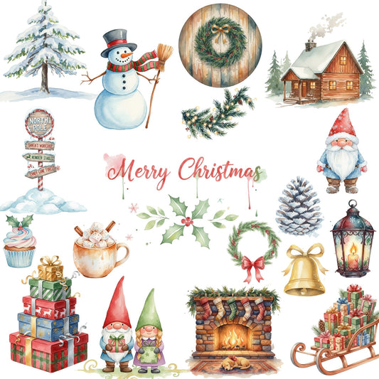 Christmas Gnome Village Watercolor Clipart Bundle – Cozy Winter Holiday PNG, Gnomes, Cabins & Gifts for Cards, Sublimation & Crafts, 54 PNG