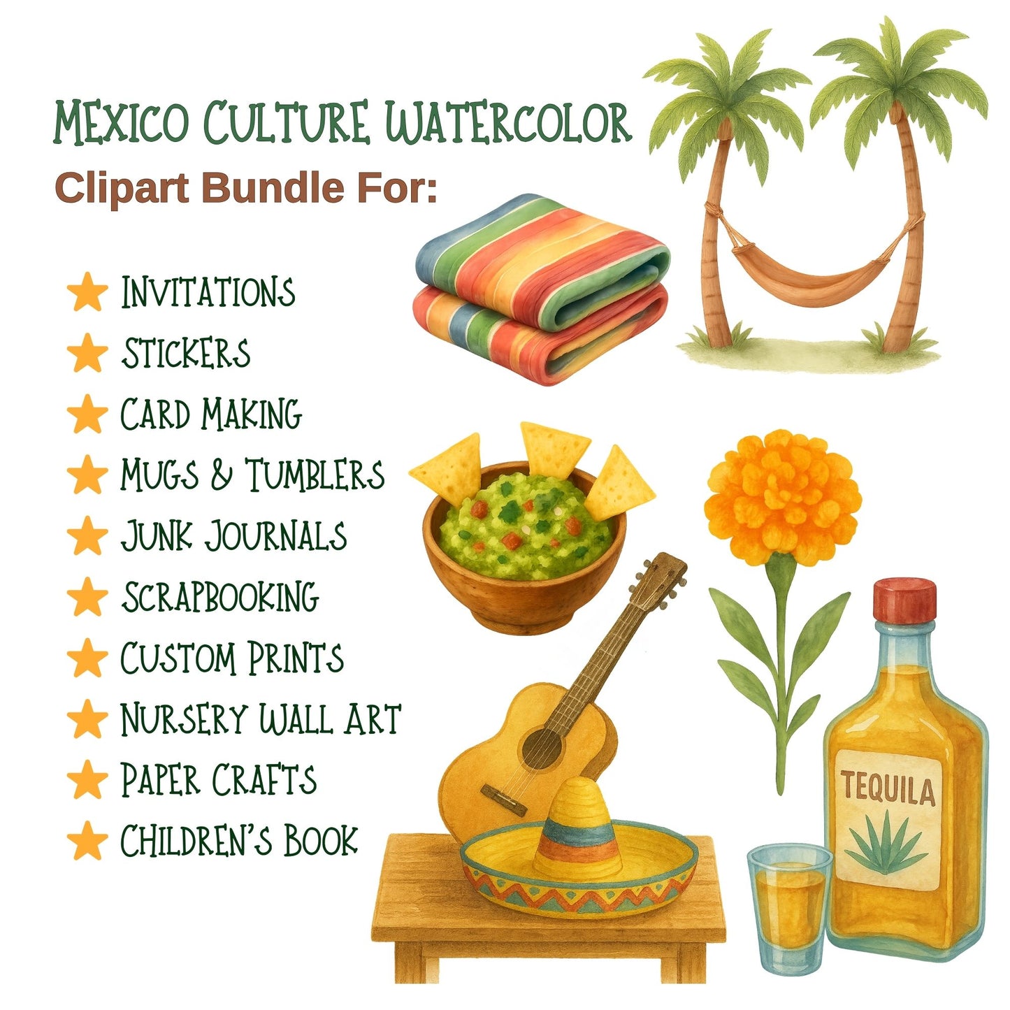 Mexico Watercolor Clipart PNG | Mexican Culture Fiesta Art | Cinco de Mayo Clipart | Mexico Icons PNG | Commercial Use