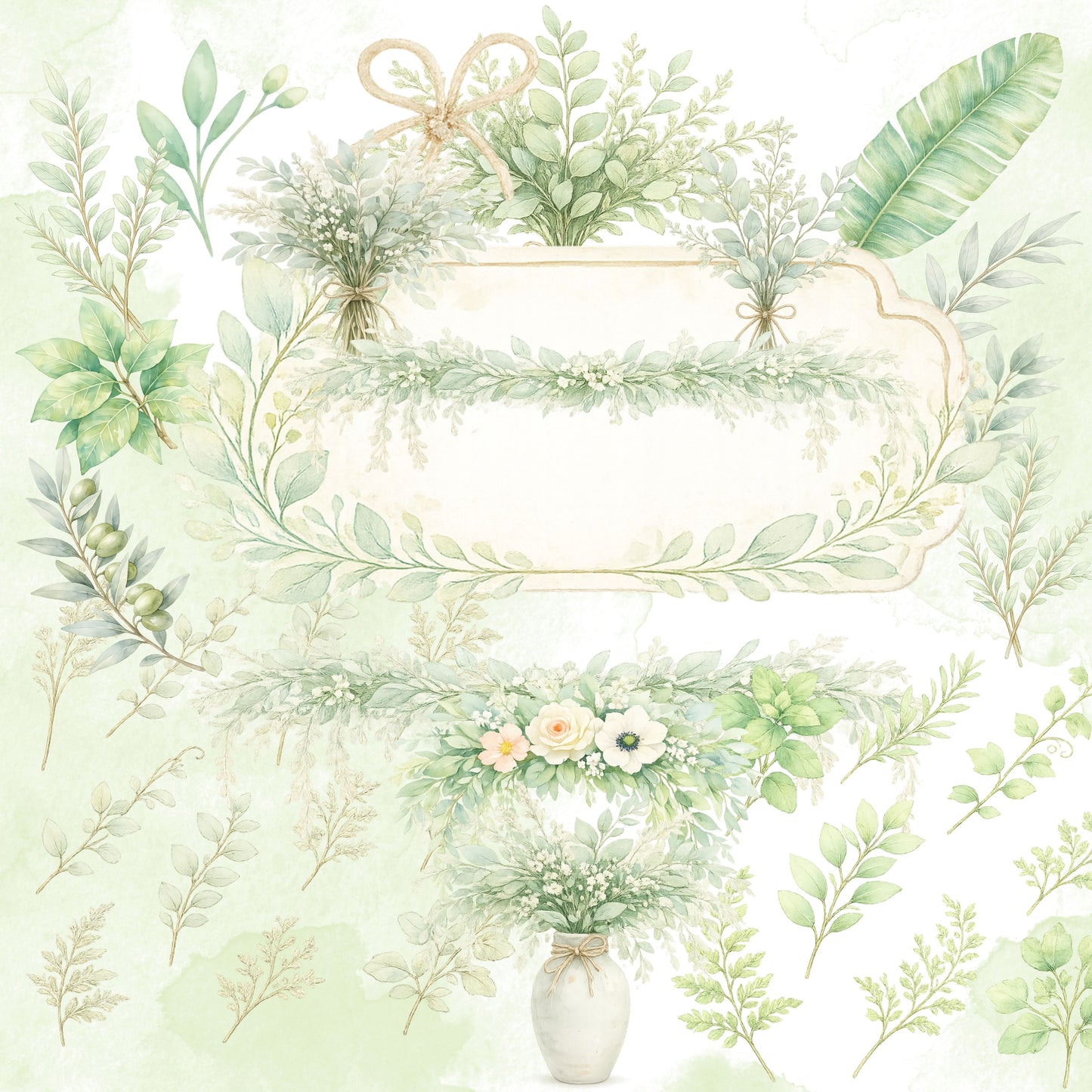 Greenery Clipart – 55 Watercolor Botanical Leaves PNG – Eucalyptus Wedding & Minimal Floral Graphics