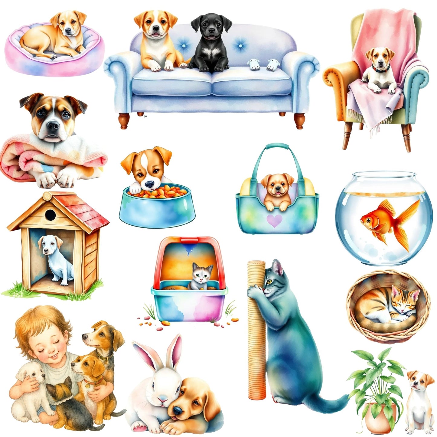 Home Pets Watercolor Clipart – 51 Pet PNG Bundle – Dogs, Cats, Bunnies & Fish for Nursery, Gifts & Sublimation