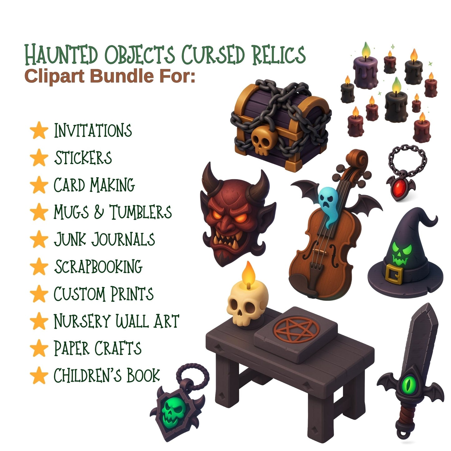 Haunted Objects 3D Clipart – Cursed Relics & Gothic PNG | Halloween Horror, Dark Fantasy Art (60 Files)