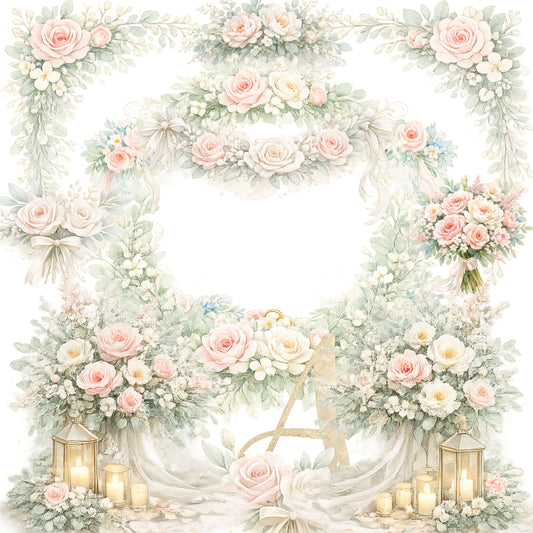 Wedding Clipart – 55 Watercolor Floral Arch PNG Files – Romantic Lantern & Ceremony Decor Graphics