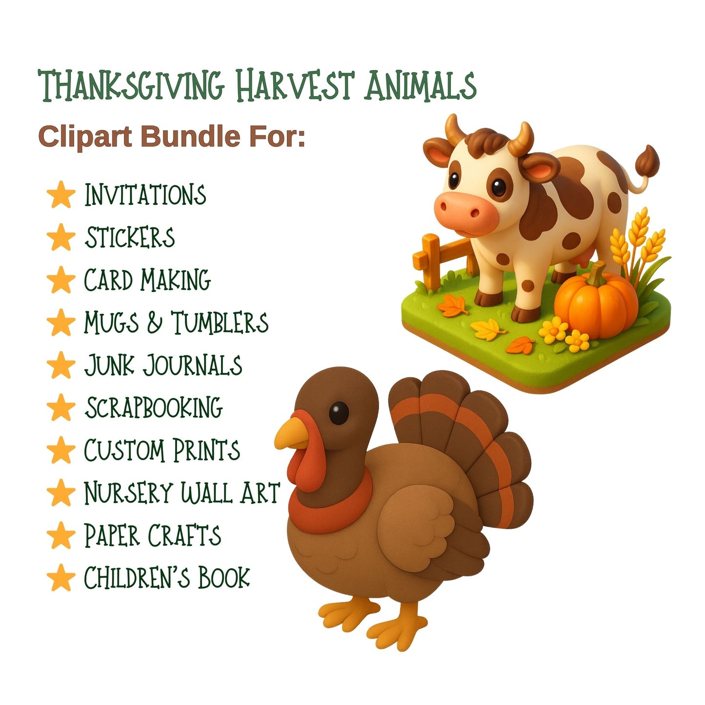 Thanksgiving Animal Clipart, Autumn Harvest PNG Bundle, Cute Fall Animals Pumpkins Leaves, Cozy 3D Art (56 PNG)