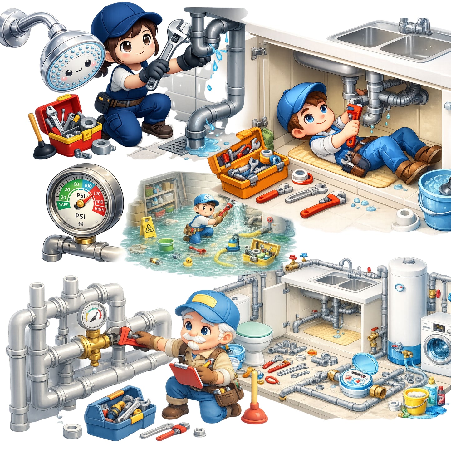 Plumber Clipart Bundle – 3D Isometric Plumbing PNGs (49 Files) – Repair Tools, Pipes & Contractor Graphics