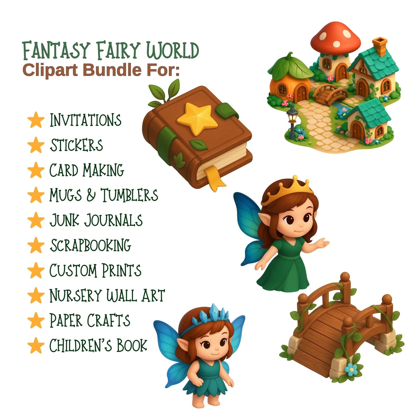3D Fairy Clipart Bundle – Magical Forest PNG, Cute Fantasy Fairies, Woodland Elves & Enchanted Garden Art (50 PNG)