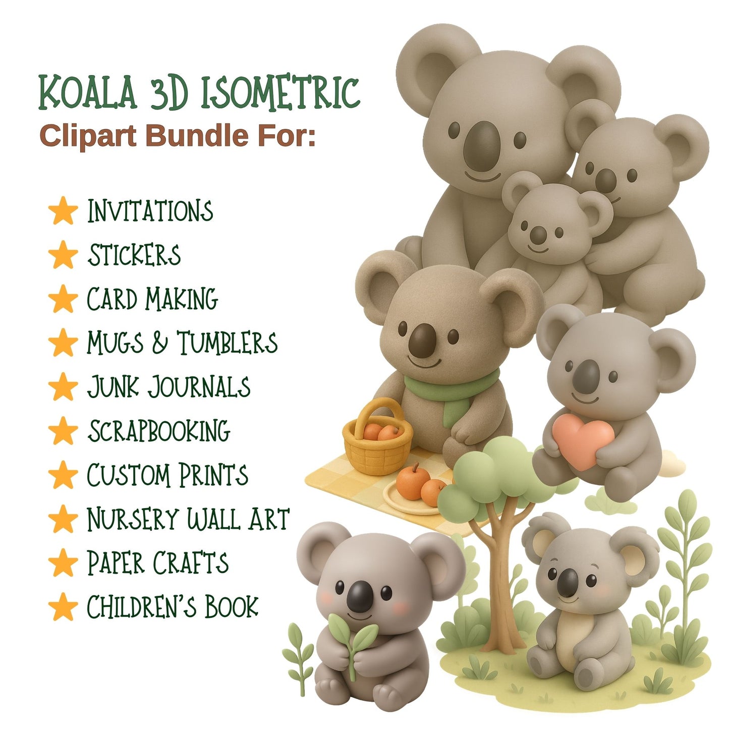 Koala 3D Clipart PNG | Cute Isometric Animal Illustrations | Nursery Art Clipart | Baby Shower PNG | Commercial Use