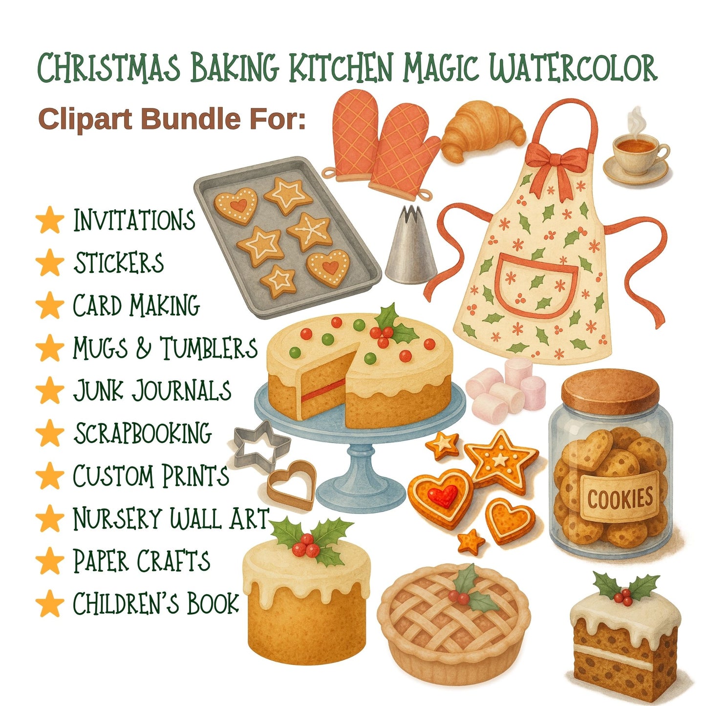 Christmas Baking Watercolor Clipart – Holiday Kitchen PNG Set, Festive Baking Illustrations, Christmas Food Clipart, 60 PNG Files