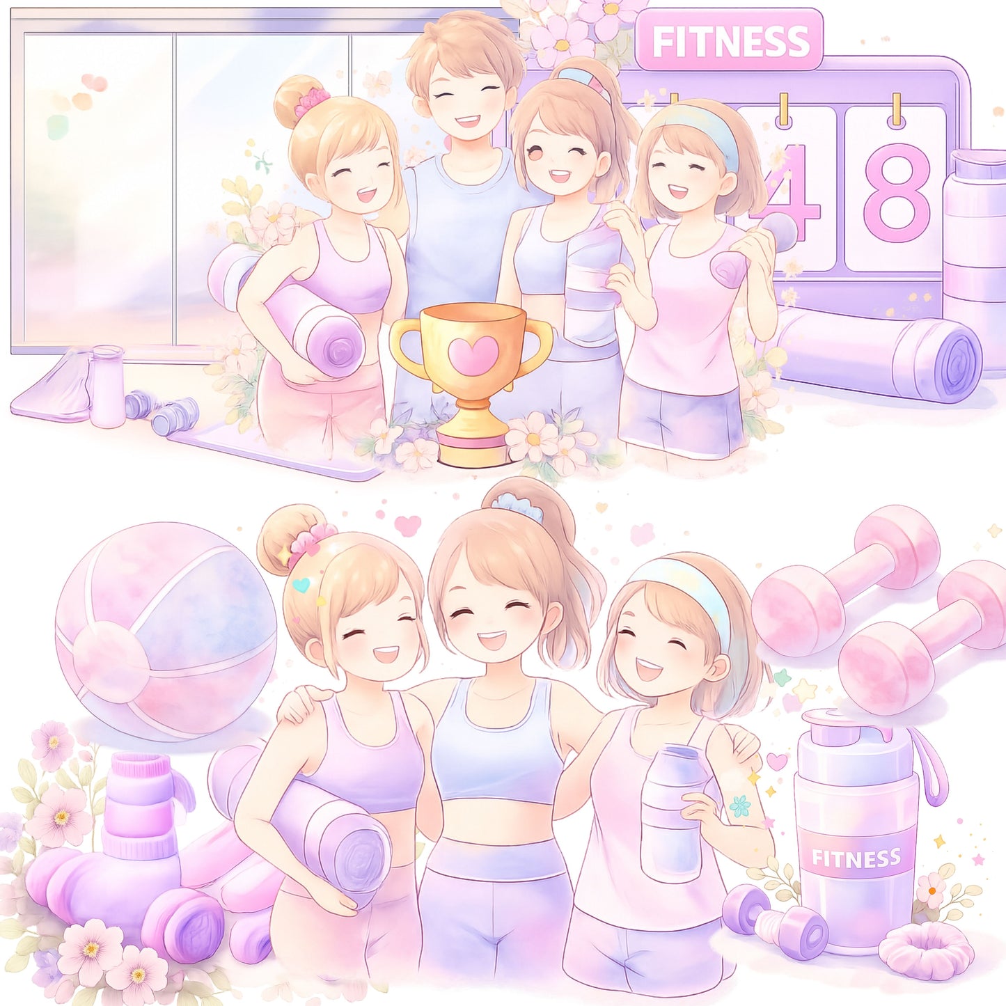 Fitness Gym Watercolor Clipart Bundle – Workout & Yoga PNG, Planner Stickers, Wellness Journal Art, Feminine Fitness Graphics, 50 PNG