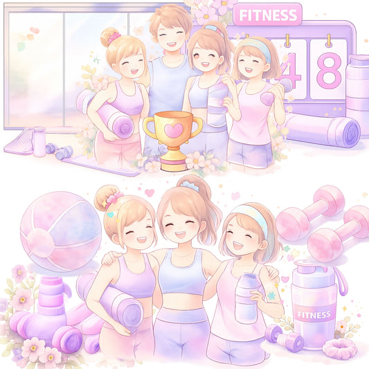 Fitness Gym Watercolor Clipart Bundle – Workout & Yoga PNG, Planner Stickers, Wellness Journal Art, Feminine Fitness Graphics, 50 PNG
