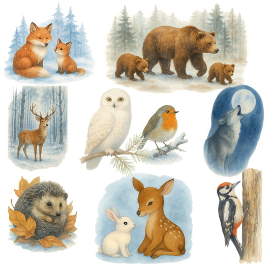 Woodland Winter Animals PNG Clipart – Frosty Forest Watercolor Set | Christmas Nursery Art, Stickers, Planners