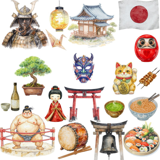 Japan Watercolor Clipart Bundle – Japanese Culture PNG, Sushi, Samurai, Temples & Traditional Art for Journals, Crafts & Decor, 51 PNG