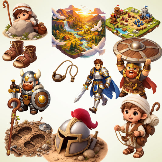 David and Goliath Clipart Set – 58 PNG 3D Bible Story Graphics, Christian Clipart, Sunday School Teaching Resources, Biblical Characters, Kids Bible Crafts