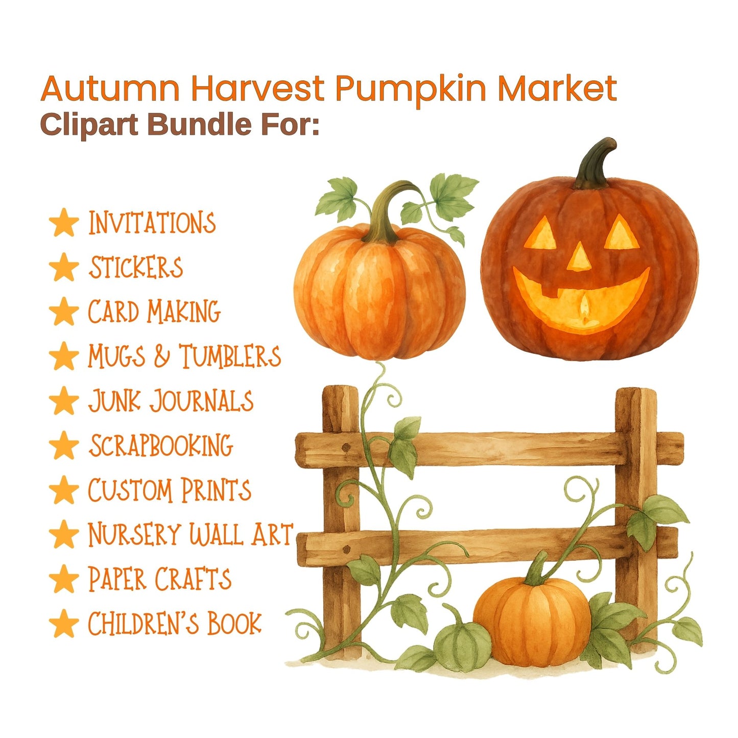 Watercolor Autumn Harvest PNG Bundle – Fall Farm Clipart, Rustic Pumpkin & Thanksgiving Art (56 Files)