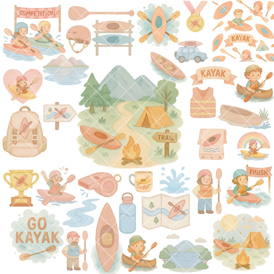 Kayaking Watercolor Clipart, Adventure Sports PNG Bundle, Outdoor Kayak Art, Camping & Summer Graphics