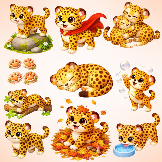 Cute Leopard 3D Clipart – 40 Baby Leopard PNGs – Jungle Nursery Animal Graphics for Sublimation & Kids Crafts