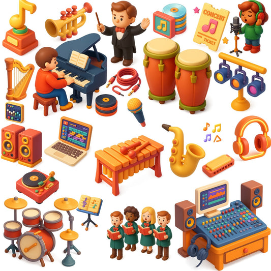 3D Music Instrument Clipart – Studio Equipment PNG Bundle | Guitars, Piano, Drums, Microphones (60 Files)