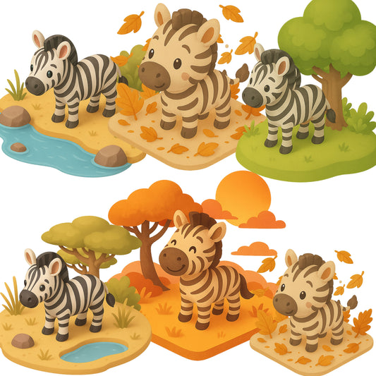 Zebra Clipart Bundle – 3D Isometric Safari PNGs (44 Files) – Cute Jungle Animals, Nursery & Classroom Graphics
