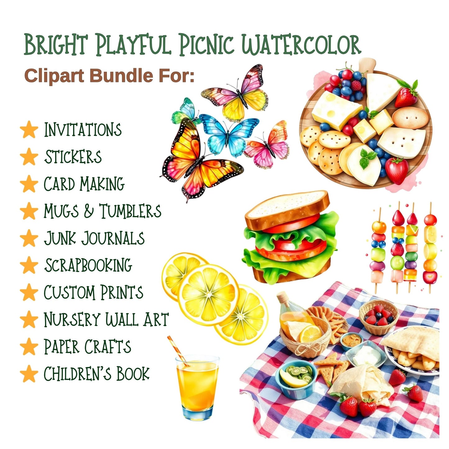 Picnic Watercolor Clipart PNG | Summer Fruits Food Clipart | Picnic Party Graphics | Watercolor Summer PNG | Commercial Use