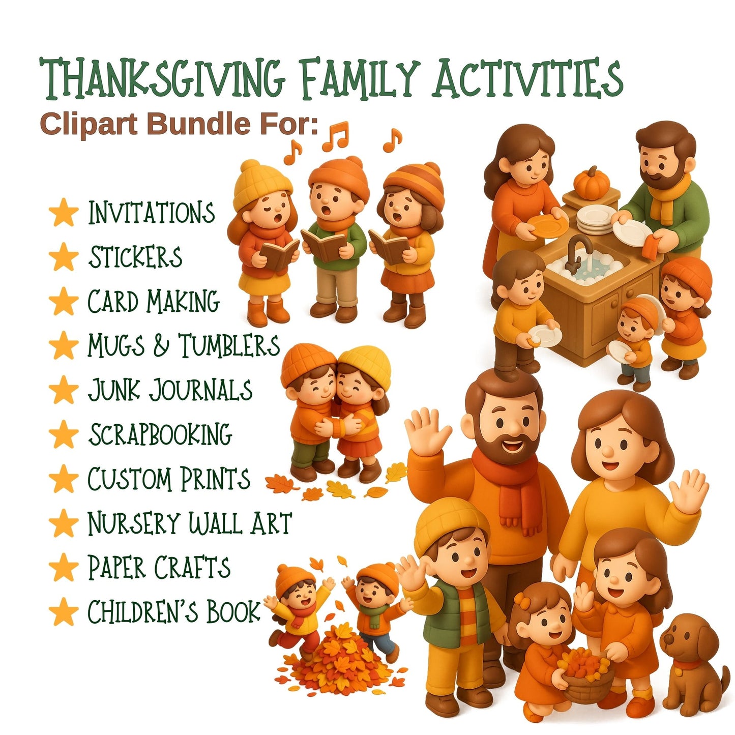 Thanksgiving Family Clipart | 3D Autumn Dinner PNG | Fall Family Activities | Cute Thanksgiving PNG | 55 Files Digital Download