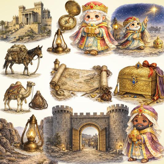 Wise Men Journey Watercolor Clipart PNG Bundle – 60 Nativity Graphics, Three Kings, Camels & Christmas Bible Art