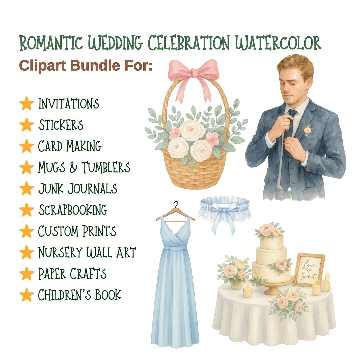 Watercolor Wedding Clipart Bundle, Romantic Bride Groom PNG, Wedding Decor Flowers Rings Cake Arch Set (54 PNG)