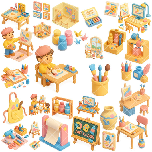 3D Isometric Art Class Clipart, Art Supplies PNG Bundle, Creative Classroom Graphics, Kids Art School Clipart