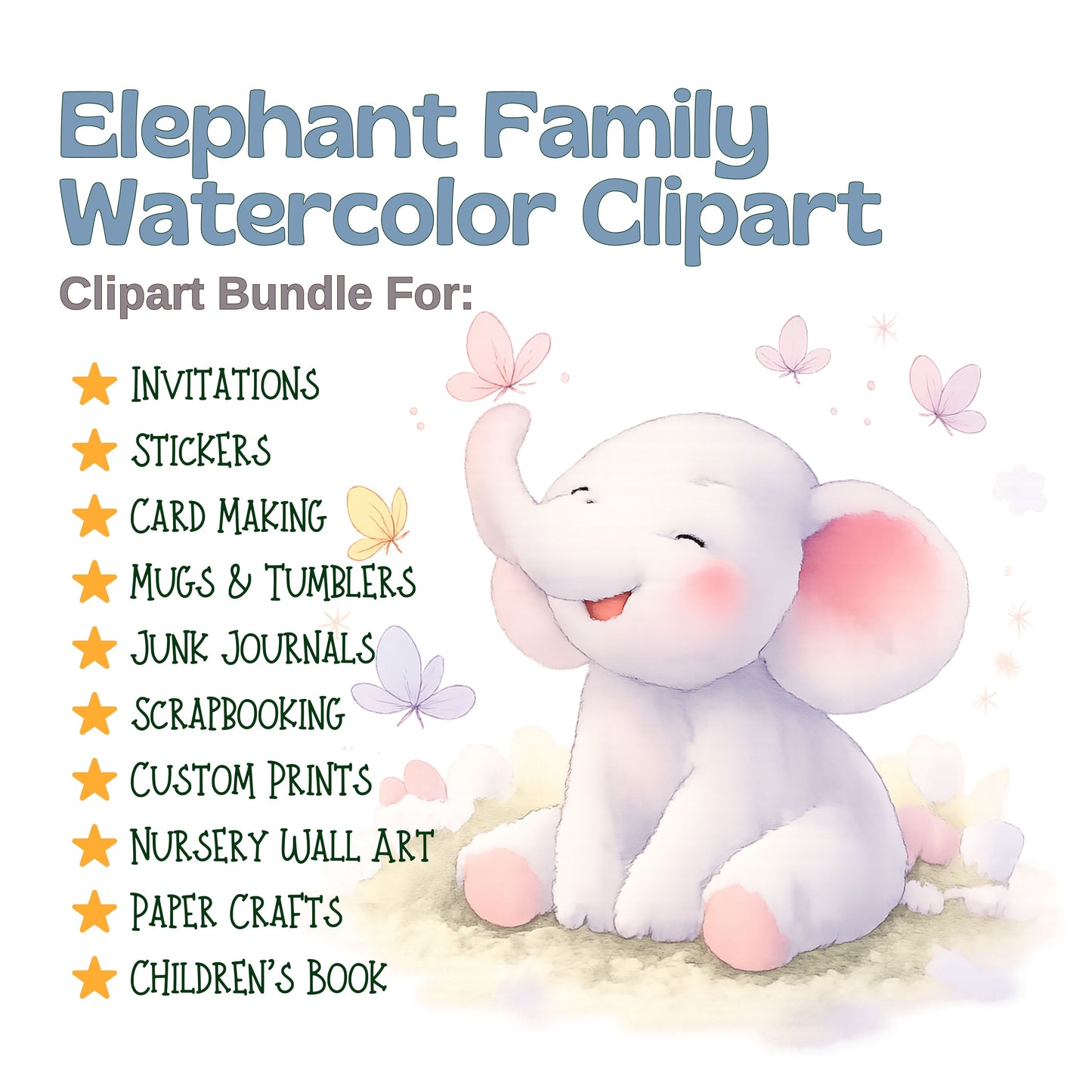 Elephant Family Watercolor Clipart PNG | Baby Elephant Nursery Animals | Jungle Safari Kids Art | Baby Shower Graphics | Commercial Use
