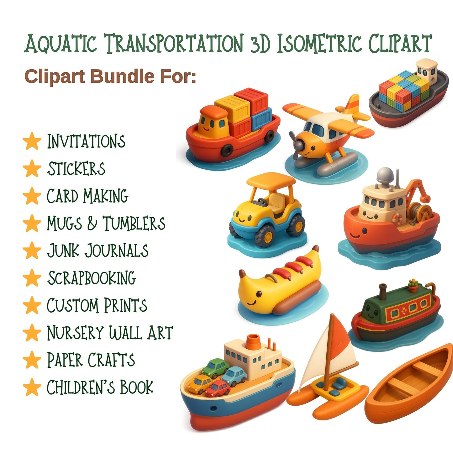 3D Boat Clipart Bundle – Isometric Ship, Yacht & Submarine PNG Set, Aquatic Transportation Graphics, Nautical Vehicles, 56 PNG Files