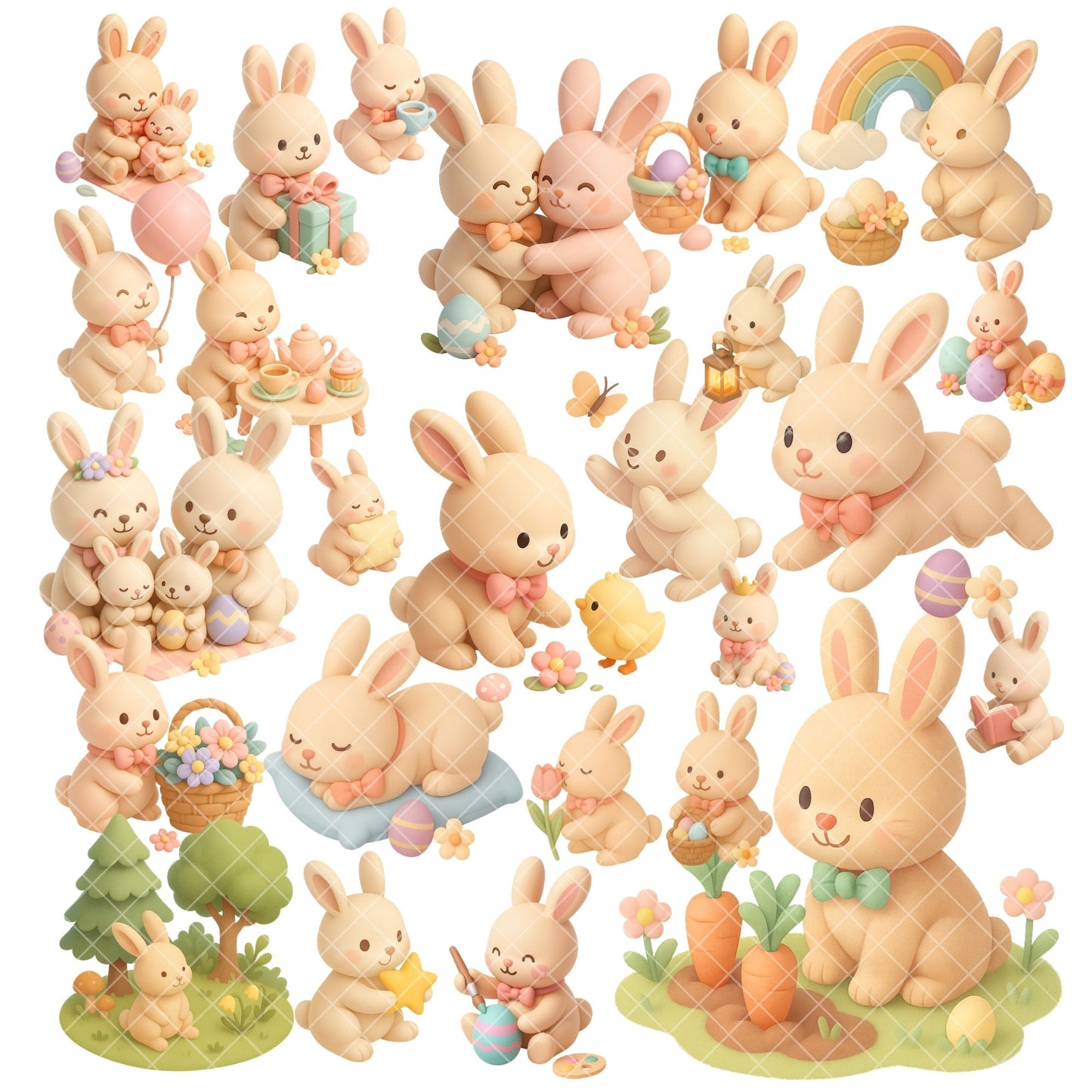 Pastel Easter Bunny Clipart Bundle – Kawaii Rabbit & Chick PNG, Cute Spring Animals, 3D Bunny Clipart, 51 PNG