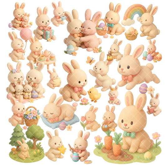 Pastel Easter Bunny Clipart Bundle – Kawaii Rabbit & Chick PNG, Cute Spring Animals, 3D Bunny Clipart, 51 PNG