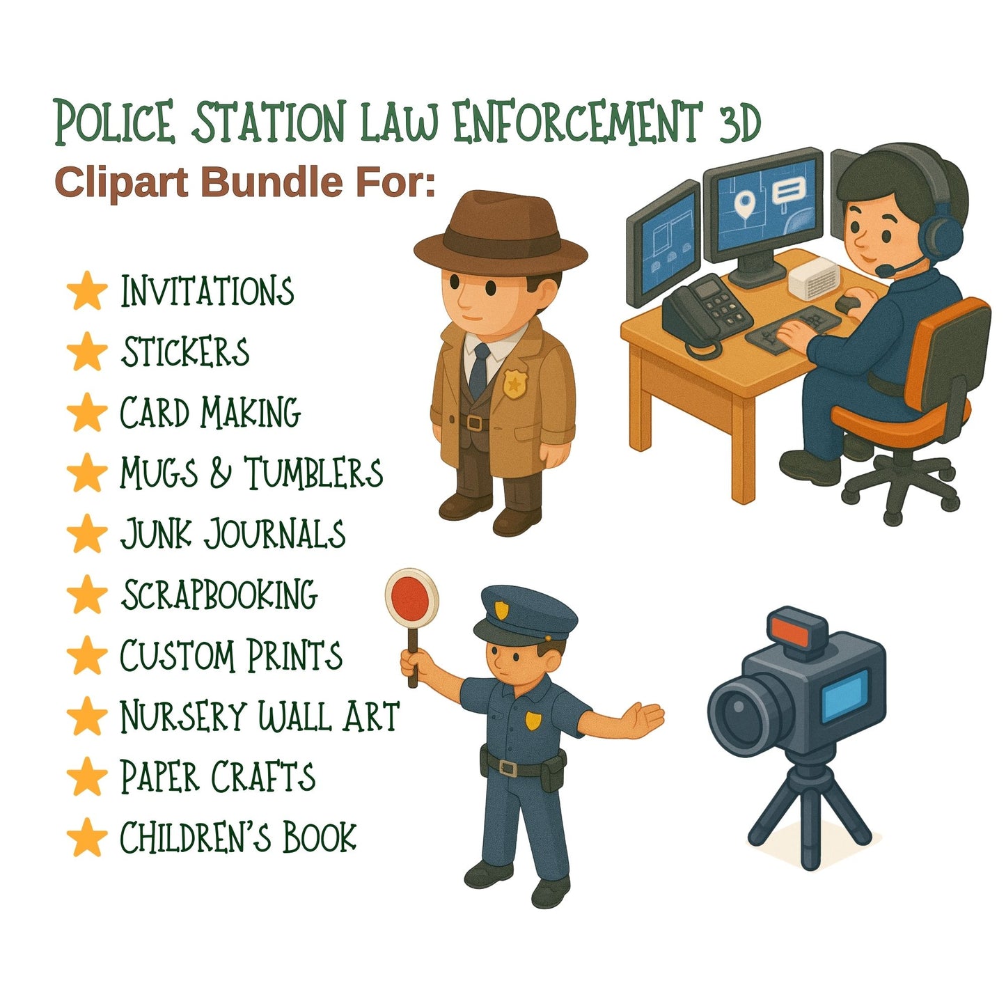 3D Police Clipart Set – Law Enforcement PNG Illustrations, Police Station, Officers, Patrol Cars & Safety Education Art (60 PNG)