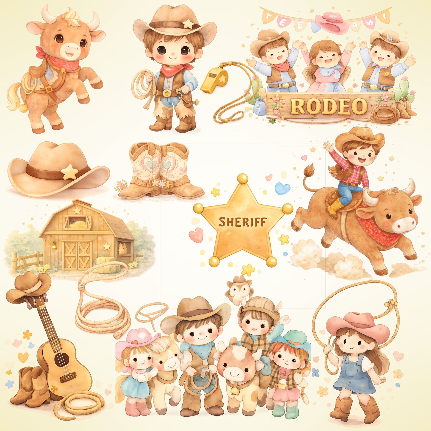 Rodeo Watercolor Clipart Set – Cowboy Kids & Western PNG, Bull Riding, Barn & Farm Art for Parties, Crafts & Classrooms, 54 PNG