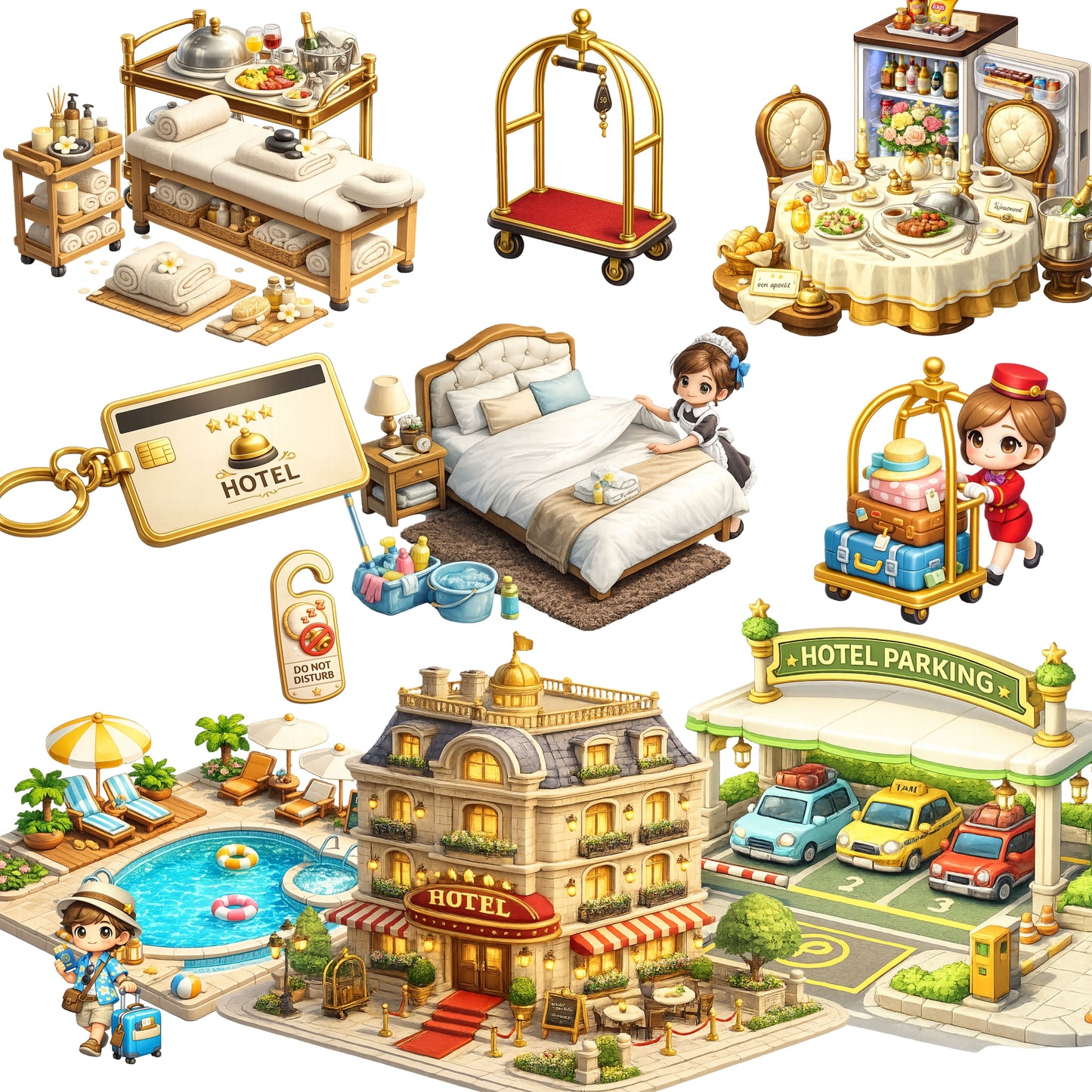 Hotel Hospitality 3D Clipart Bundle – Isometric Travel PNGs (48 Files) – Tourism, Airbnb & Hotel Branding Graphics