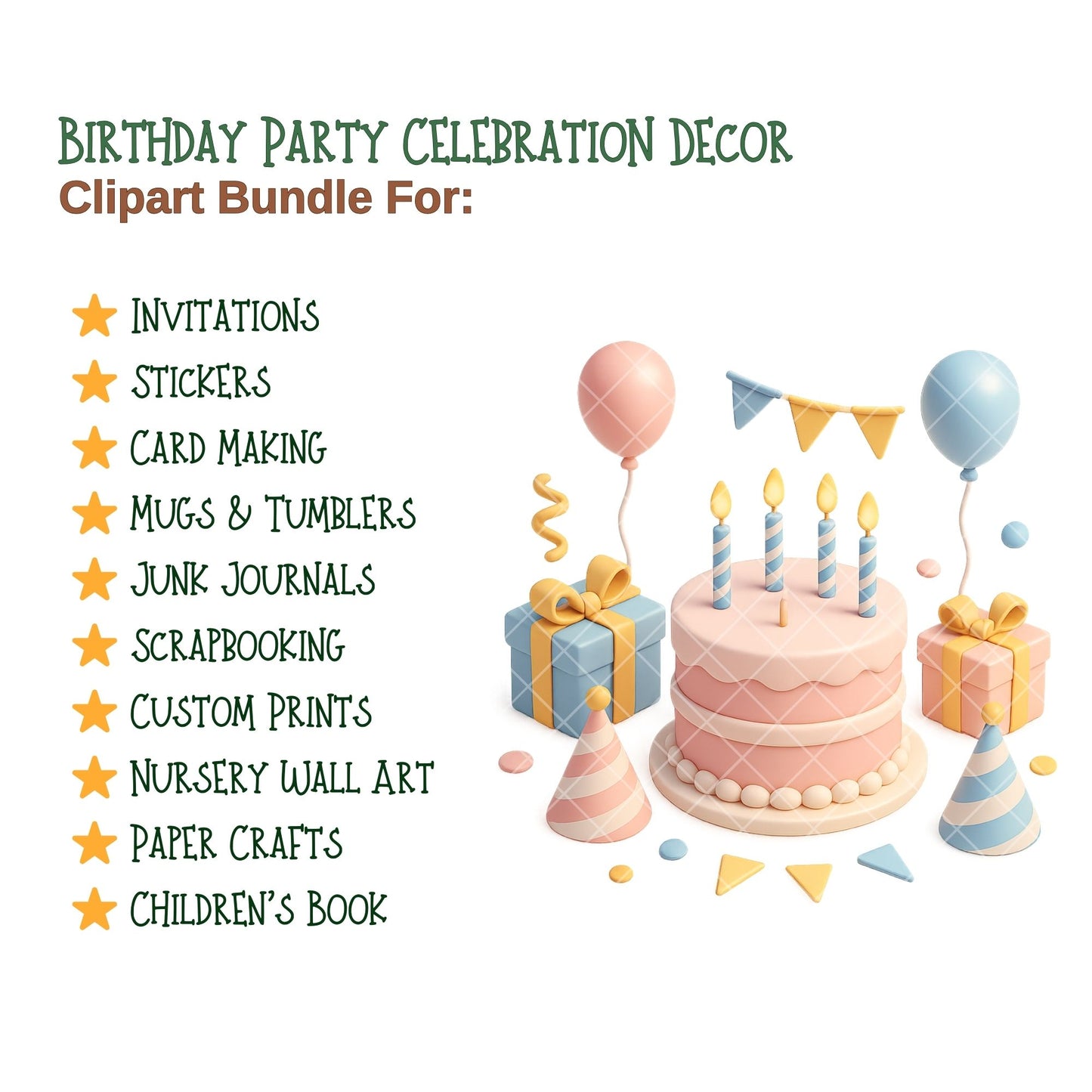 Birthday Party Clipart PNG | Cake Balloons Gifts | Pastel Birthday Decor | Party Invitation Clipart | Commercial Use