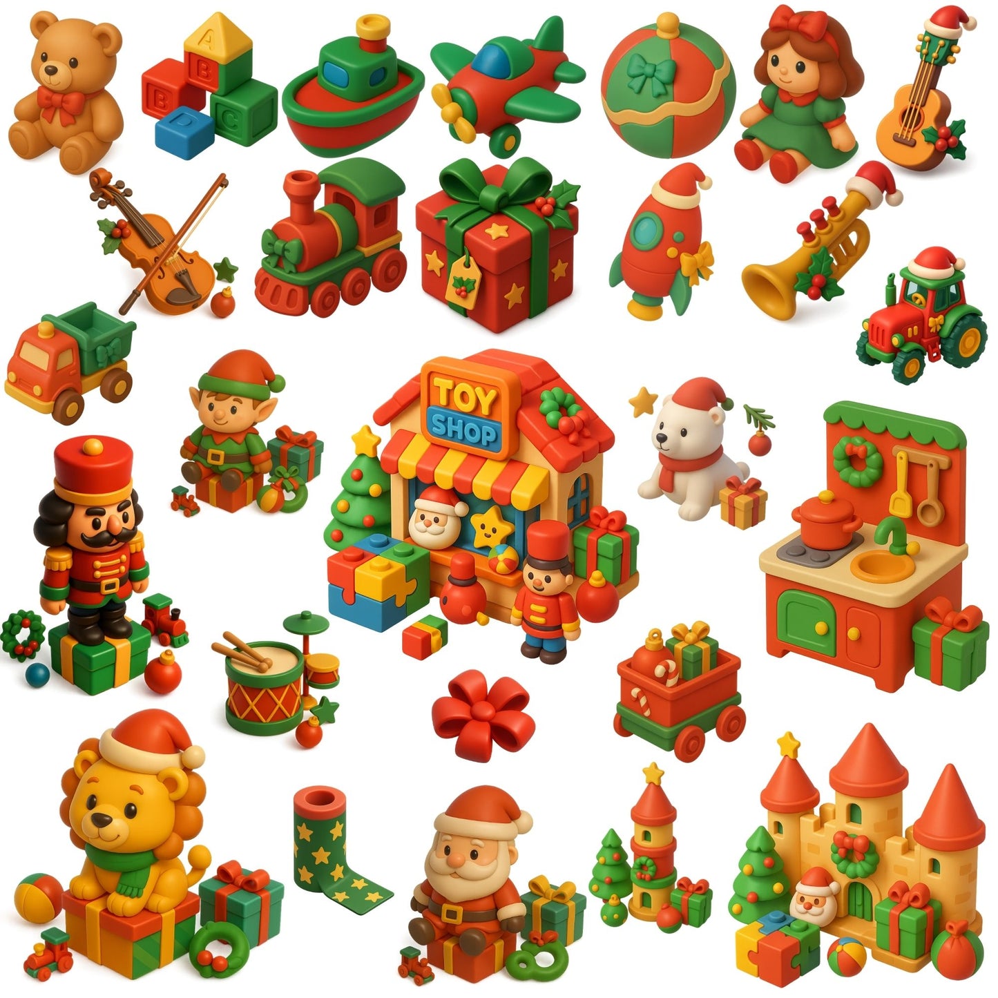 Christmas Toys & Gift Shop 3D Clipart – 62 PNG Santa, Elves, Toys & Holiday Gifts