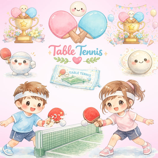 Watercolor Table Tennis Clipart PNG Bundle – 50 Kawaii Ping Pong Graphics for Kids Crafts & Party Decor