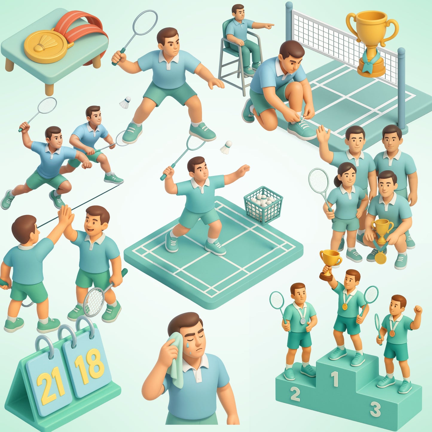 Badminton 3D Clipart Bundle – Match Moments PNG, Players, Rackets, Court Scenes & Trophies for Sports Graphics, 53 PNG