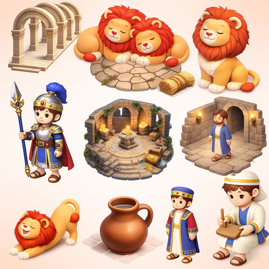 Daniel and the Lions Clipart Bundle – 3D Bible Story PNG, Christian Kids Graphics, Sunday School Art, Faith Lesson Clipart, 60 PNG
